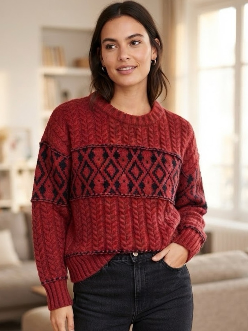 Mexx Red Cable Knit Crewneck Sweater with Black Diamond Panel Size S